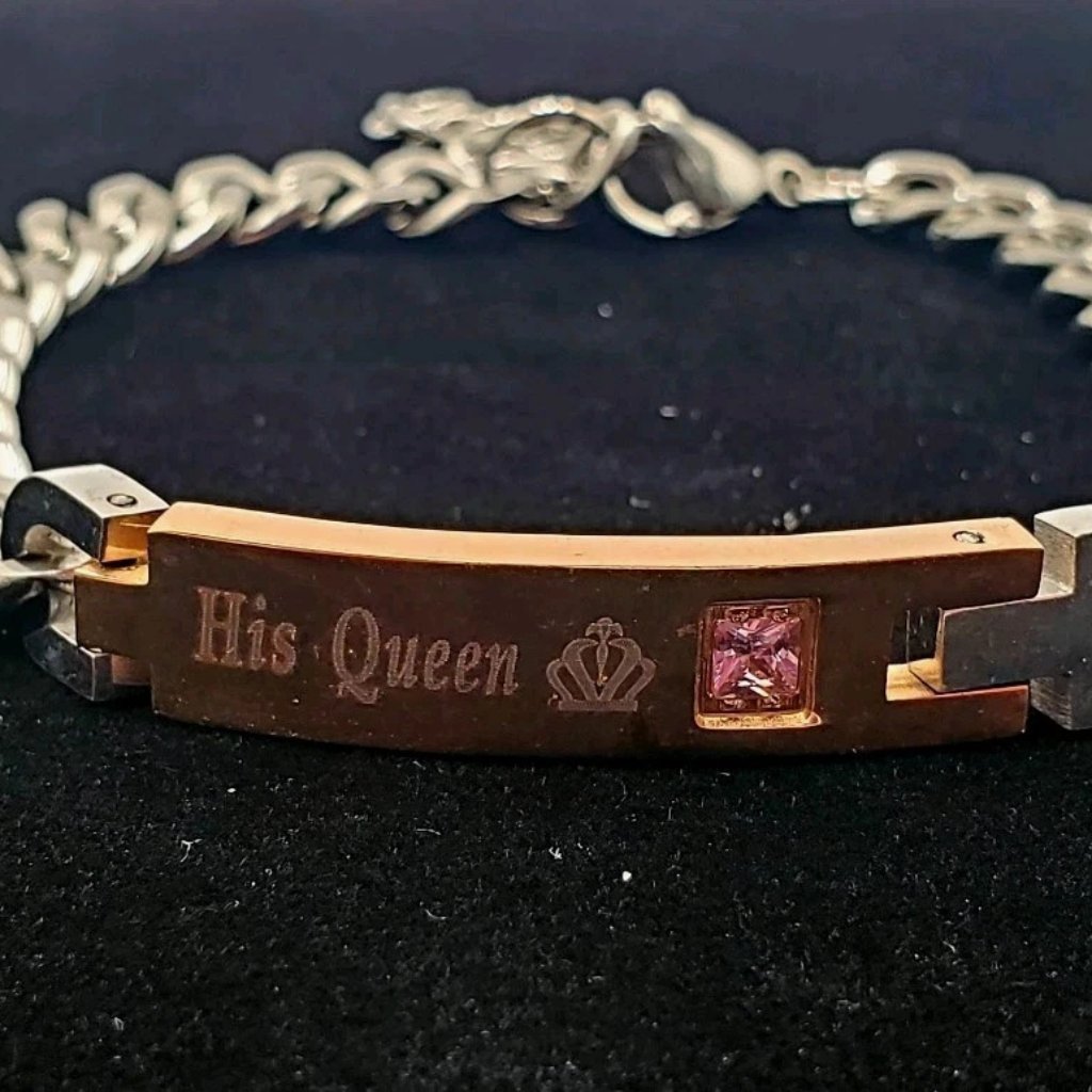 His Queen Chain Link Silver Tone Bracelet